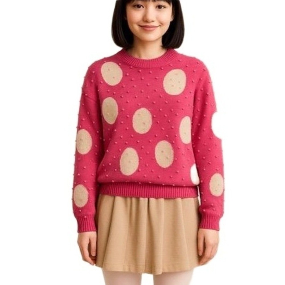 Joyce Pink Sweater Womans Large Vintage Y2K‎ Polka Dot Beaded Texture Kawaii